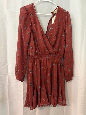 Altar'd State Rust Red Floral Long-Sleeve Wrap Dress